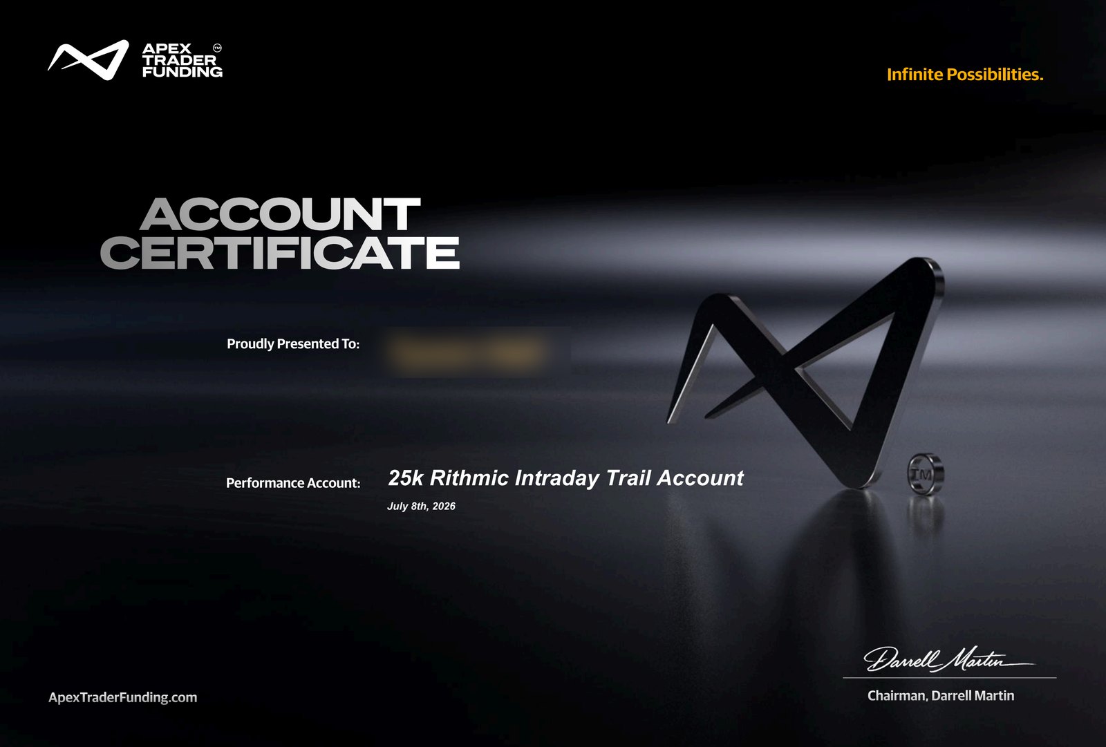Apex Trader Funding account certificate, 25k account, issued July 8th, 2026