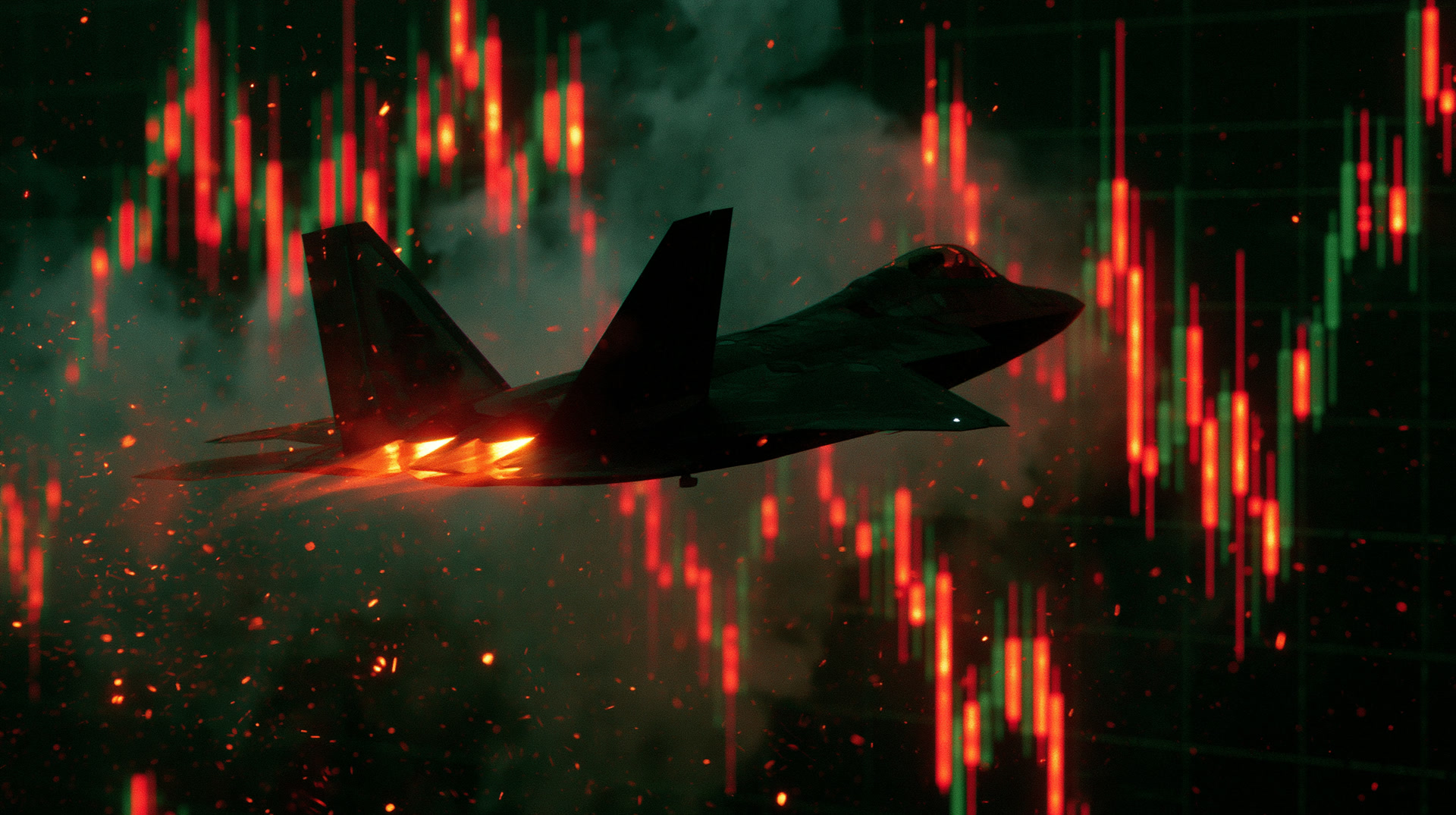 A stealth fighter banks through a live candlestick chart, red and green candles rising and falling around it like terrain.