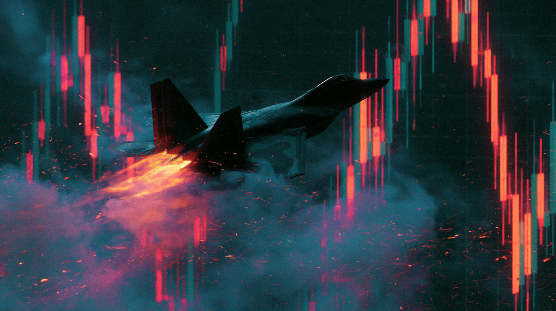 A stealth fighter climbing hard through a candlestick chart, afterburner lit, chart-fire streaking past — air support executing the plan on command.